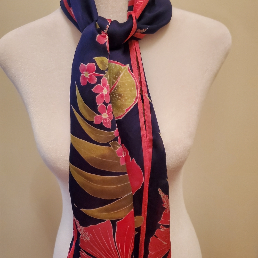 JONES NEW YORK WOMEN’S SCARF HIBISCUS FLORAL PINK,GREEN, BLUE LONG ROLLED EDGES
